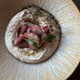 Hummus with roasted radish and shallot and garlic in brown butter Hummus with roasted radish and shallot and garlic in brown butter