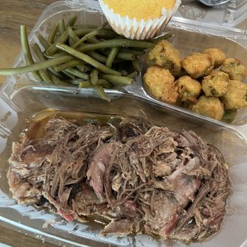 Legacy BBQ - Pulled pork, green beans, fried okra, cornbread muffin - Southern Near Me - Ellenton, Florida