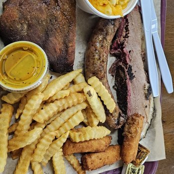 Caino's BBQ at the Red Barn - 3 meat sampler. Ribs. Brisket   Sasuage. With mac and fries. - Barbeque Near Me - Hubert, North Carolina