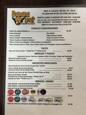 Menu photo 2 Banana Leaf Jarochos Restaurant Mission, TX