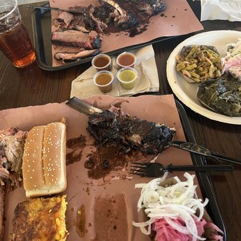 Lewis Barbecue - Brisket lean, beef rib, corn & green chile pudding, collard greens, slaw, green beans, onions & pickles, complimentary bread and sauces. - Desserts Near Me - Atlanta, Georgia