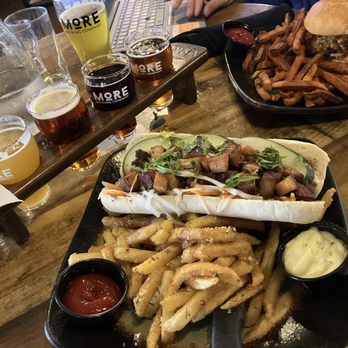 More Brewing - Pork Belly Bahn Mi with truffle fries, bang bang spicy chicken sandwich with sweet potato fries, flight, and IPA - Breweries Near Me - Huntley, Illinois More Brewing - Pork Belly Bahn Mi with truffle fries, bang bang spicy chicken sandwich with sweet potato fries, flight, and IPA - Breweries Near Me - Huntley, Illinois