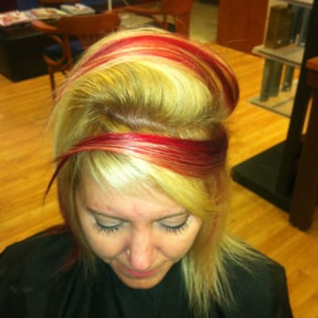 Hair Abduction - blonde with peek a boo red highlights - Hair Salons Near Me - Clovis, California