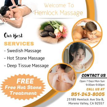 Hemlock Massage - Walk-in & Appointment Welcome - Beauty & Spas Near Me - Moreno Valley, California Hemlock Massage - Walk-in & Appointment Welcome - Beauty & Spas Near Me - Moreno Valley, California