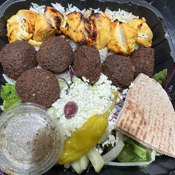 Rice Mediterranean Kitchen - Falafel Platter with Chicken Joojeh Kabob - Persian/Iranian Near Me - South Miami, Florida Rice Mediterranean Kitchen - Falafel Platter with Chicken Joojeh Kabob - Persian/Iranian Near Me - South Miami, Florida