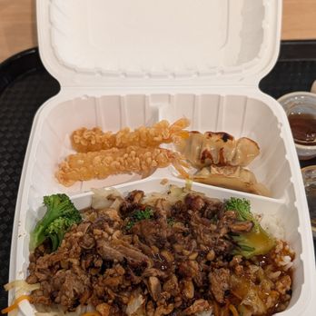 Edo Japan - Chicken and beef bento box, which shrimp tempura and gyoza. July's bento deal that comes with a drink. - Fast Food Near Me - Mississauga, Ontario Edo Japan - Chicken and beef bento box, which shrimp tempura and gyoza. July's bento deal that comes with a drink. - Fast Food Near Me - Mississauga, Ontario