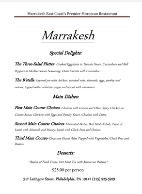 Menu photo 2 Marrakesh Restaurant Philadelphia, PA