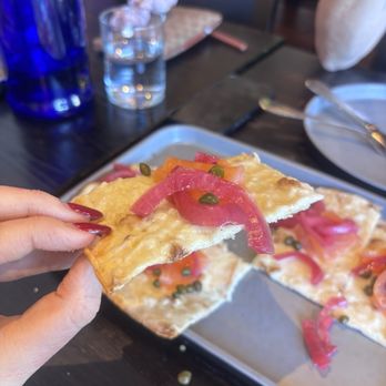 Game Changer Brewhouse - Smoked Salmon Flatbread - more like a tasteless cracker - Sports Bars Near Me - Sherman oaks, California