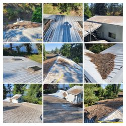 Veracity Gutter & Roof Cleaning - A roof blow off for a metal roof, before and after collage.