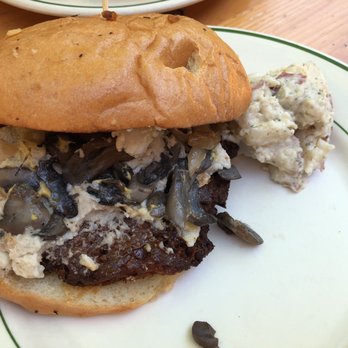 The Butchers Son - Mushroom Blue Cheese Burger W/ Fried Onions and Potato Salad! - Salad Near Me - Berkeley, California The Butchers Son - Mushroom Blue Cheese Burger W/ Fried Onions and Potato Salad! - Salad Near Me - Berkeley, California