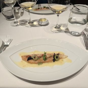 Le Bernardin - Dover Sole Pan roasted Dover Sole; Green Olives toasted almonds. Aged sherry wine emulsion - French Near Me - New York, New York Le Bernardin - Dover Sole Pan roasted Dover Sole; Green Olives toasted almonds. Aged sherry wine emulsion - French Near Me - New York, New York