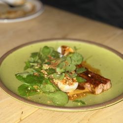 Little Bear - Chicken Satay, kecap manis, pecan gelée, turmeric chermoula, mushroom & greens pao cai, herbs. cor cakes