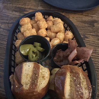 Split Chick Grill - Pretzel bun sliders (I asked for some of the toppings on the side) - Burgers Near Me - Lanexa, Virginia