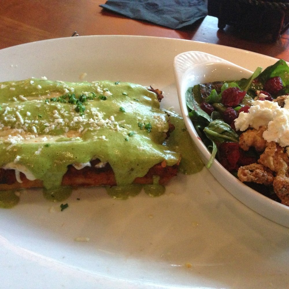 Roaring Fork - Green chili pork enchiladas, that they allowed us to change out the salads. Added candy walnut berry one! AHHH-mazing. - New American Near Me - Austin, Texas Roaring Fork - Green chili pork enchiladas, that they allowed us to change out the salads. Added candy walnut berry one! AHHH-mazing. - New American Near Me - Austin, Texas