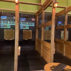 AGRSports - There are 4 ranges for axe throwing. each have a small table a few feet back with the mouse and keyboard. A bit tight but it works.