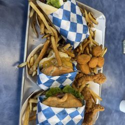 Salty Bear - Scone burger, kids cheese burger, gyro, chicken strips, kids chicken nuggets, and a tray full of fries!