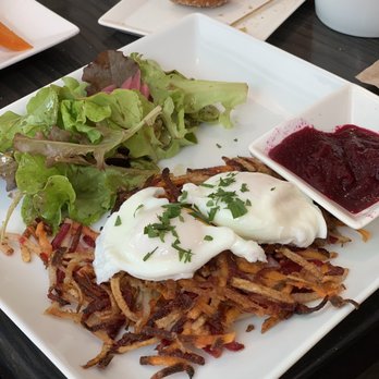 Bloom Bake Shop - Poached eggs and hash with side salad and beet ketchup - Bakeries Near Me - Madison, Wisconsin Bloom Bake Shop - Poached eggs and hash with side salad and beet ketchup - Bakeries Near Me - Madison, Wisconsin