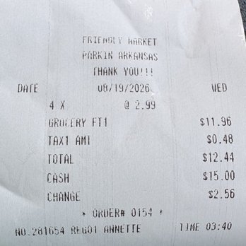 Friendly Market - cash register receipt - Grocery Near Me - Parkin, Arkansas Friendly Market - cash register receipt - Grocery Near Me - Parkin, Arkansas