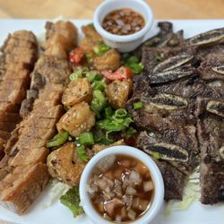 East Side Bar & Grill - Mauka to Makai Platter - Crispy Pork Belly, Salt & Pepper Shrimp, Pulehu Short Ribs