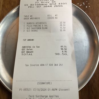 Julius Pizzeria - The bill - Pizza Near Me - South Brisbane, QLD