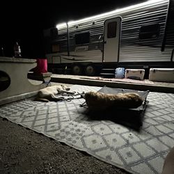 Pollard Camper Rental - Our camper at night with our dog (left) and my mom's dog (right). We had the Coleman, she had the Pioneer with a slide.