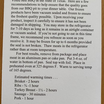 Snow's BBQ - Detailed warming instructions for their brisket. - Barbeque Near Me - Lexington, Texas