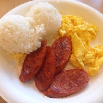 Aiea Pancake House - Huge cuts of Portuguese sausage, and perfectly cooked eggs and rice (hollandaise sauce on the side, not shown) - Breakfast & Brunch Near Me - Aiea, Hawaii