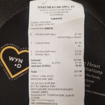 Rivas Mexican Grill - the receipt for the restaurant - Mexican Near Me - Las Vegas, Nevada Rivas Mexican Grill - the receipt for the restaurant - Mexican Near Me - Las Vegas, Nevada