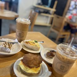 Coffee Hub - Beavercreek - Gluten Free Signature Breakfast Sandwich Gluten Free Quiche Slice Iced Latte Iced Caramel Macchiato