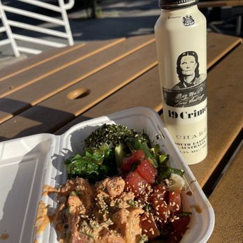 Jus' Poke - Spicy poke and shoyu poke with pickled cucumbers and seaweed salad. Had to get some wine with this - Hawaiian Near Me - Redondo Beach, California Jus' Poke - Spicy poke and shoyu poke with pickled cucumbers and seaweed salad. Had to get some wine with this - Hawaiian Near Me - Redondo Beach, California