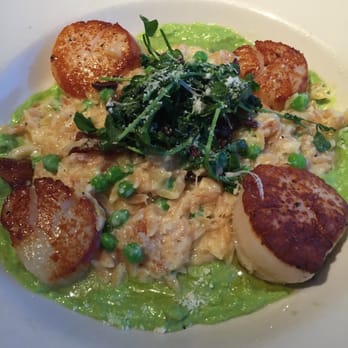 Bazille at Nordstrom - Scallops with Risotto and Pea Puree.  Freakin Awesome!!  Don't think this is on the daily menu though. - New American Near Me - Dallas, Texas