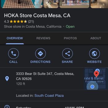 Hoka - Costa Mesa - Saturday hour clearly says close at 9pm - Shoe Stores Near Me - Costa Mesa, California Hoka - Costa Mesa - Saturday hour clearly says close at 9pm - Shoe Stores Near Me - Costa Mesa, California