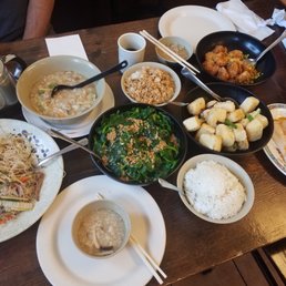 Noodles, Taiwanese Congee, Snow Pea Leaves in Garlic Sauce, Stir-Fry Shrimp w/Salt Egg Yolk, Fried Tofu w/Salt & Pepper, dim sum shrimp roll
