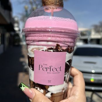 The Perfect Box Cafe - Camp fire latte with pink foam - Bakeries Near Me - Covina, California The Perfect Box Cafe - Camp fire latte with pink foam - Bakeries Near Me - Covina, California