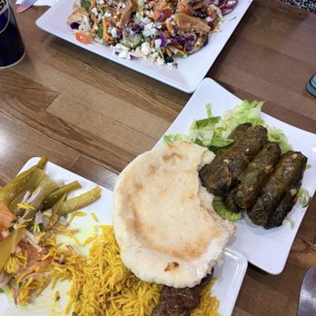 Beirut Cafe - Shish Kafka plate, Greek salad and stuffed grape leaves - Lebanese Near Me - Murray, Utah