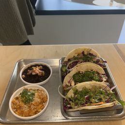 Left (top to bottom): Black beans, street corn i forgot what tacos these are but they hit the spot that's fs Left (top to bottom): Black beans, street corn i forgot what tacos these are but they hit the spot that's fs