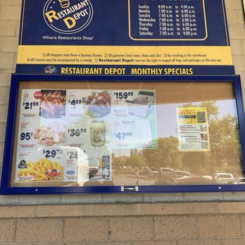 Restaurant Depot - Store hours and monthly specials posted outside the store - Wholesale Stores Near Me - Mesa, Arizona Restaurant Depot - Store hours and monthly specials posted outside the store - Wholesale Stores Near Me - Mesa, Arizona
