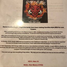 Story of Greg's BBQ - A flyer with Greg's BBQ logo showing a pig's face with flames in the background, and contact details including a phone number and address in Belen, NM.