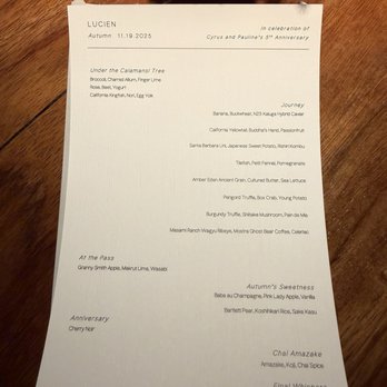 Lucien - Menu of the night with our names and anniversary printed up top - Bars Near Me - La Jolla, California Lucien - Menu of the night with our names and anniversary printed up top - Bars Near Me - La Jolla, California