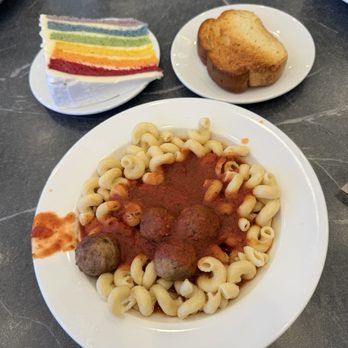 IKEA Restaurant - Pasta with marinara sauce plus Swedish sausage, garlic bread and rainbow cake. - Scandinavian Near Me - Costa Mesa, California