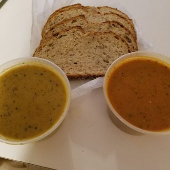 2 Chef's Souparee - Butternut Squash soup & Roasted Red Pepper with Gouda soup with whole grain bread.  Yummy! - Soup Near Me - Lake Worth, Florida