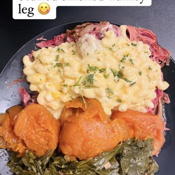 Ambiance - stuffed turkey leg with candy yams, mac & cheese, and collard greens. - Soul Food Near Me - Rockford, Illinois
