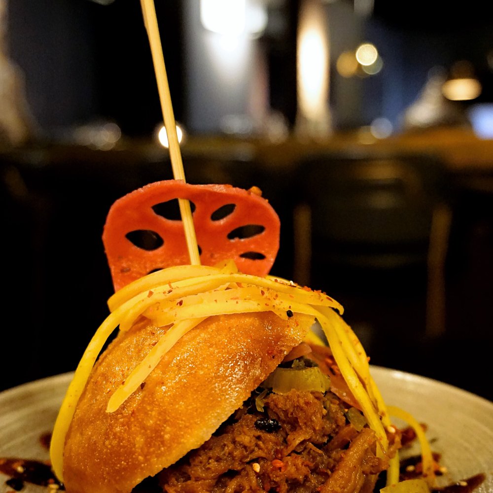 Mber London, Monument - Char-Siu Pork Doughnut: pulled braised pork doughnut with black treacle hoisin sauce and Chinese five spices (£13.25). - Pan Asian Near Me - London, XGL