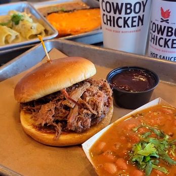 Cowboy Chicken - Pulled Brisket Sandwich + 1 side (Ranchero Beans) - American Near Me - Wylie, Texas Cowboy Chicken - Pulled Brisket Sandwich + 1 side (Ranchero Beans) - American Near Me - Wylie, Texas