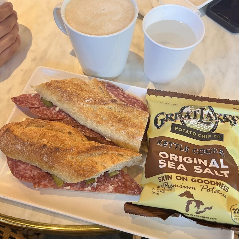 salami baguette + cappuccino salami baguette + cappuccino