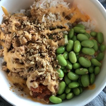 Poki One N Half - Spicy tuna, Lobster, imitation crab, avocado, edamame & crunchy garlic. Spicy mayo/spicy poke sauce - Poke Near Me - San Diego, California