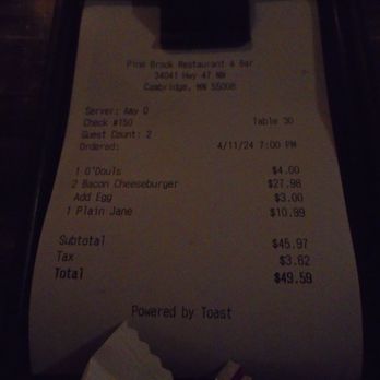 Pine Brook Inn - Final tab - very reasonable prices. (Sorry about the dark photo.) - American Near Me - Cambridge, Minnesota Pine Brook Inn - Final tab - very reasonable prices. (Sorry about the dark photo.) - American Near Me - Cambridge, Minnesota