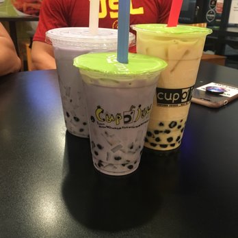 Cup O' Joy - Taro milk tea on the left and Jasmine Milk Tea on the right - Coffee & Tea Near Me - Los Angeles, California Cup O' Joy - Taro milk tea on the left and Jasmine Milk Tea on the right - Coffee & Tea Near Me - Los Angeles, California
