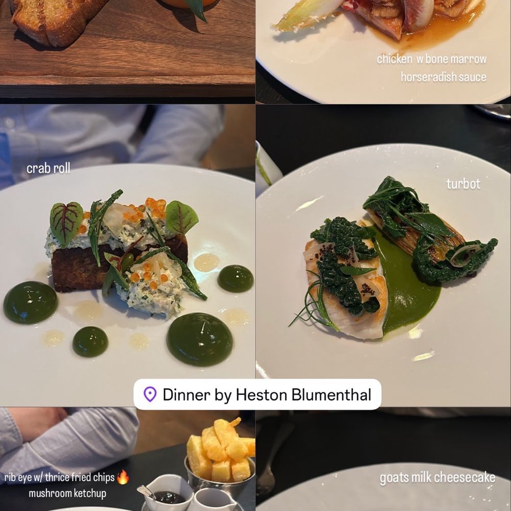 Dinner by Heston Blumenthal - Meat Fruit,  Hereford Ribeye, Crab Roll, Chicken with Bone Marrow, Turbot, Goat's Milk Cheesecake - British Near Me - London, XGL
