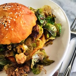 Dolcettini - The Beef Cheeky Burger. Yum! Pulled beef cheek, truffle aioli, tom relish, Brussel sprouts, Beetroot, dairy free brioche.